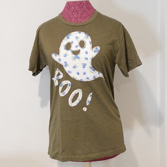 BOO BERRY Flannel Ghost Appliqued on an Olive-green Size S T shirt - Picture 2 of 7